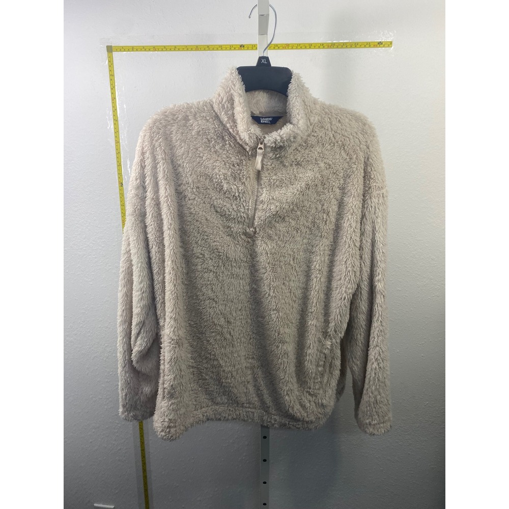 Lands End Girls Sherpa Fleece‎ Quarter Zip Pullover Cream Beige Size M 10-12